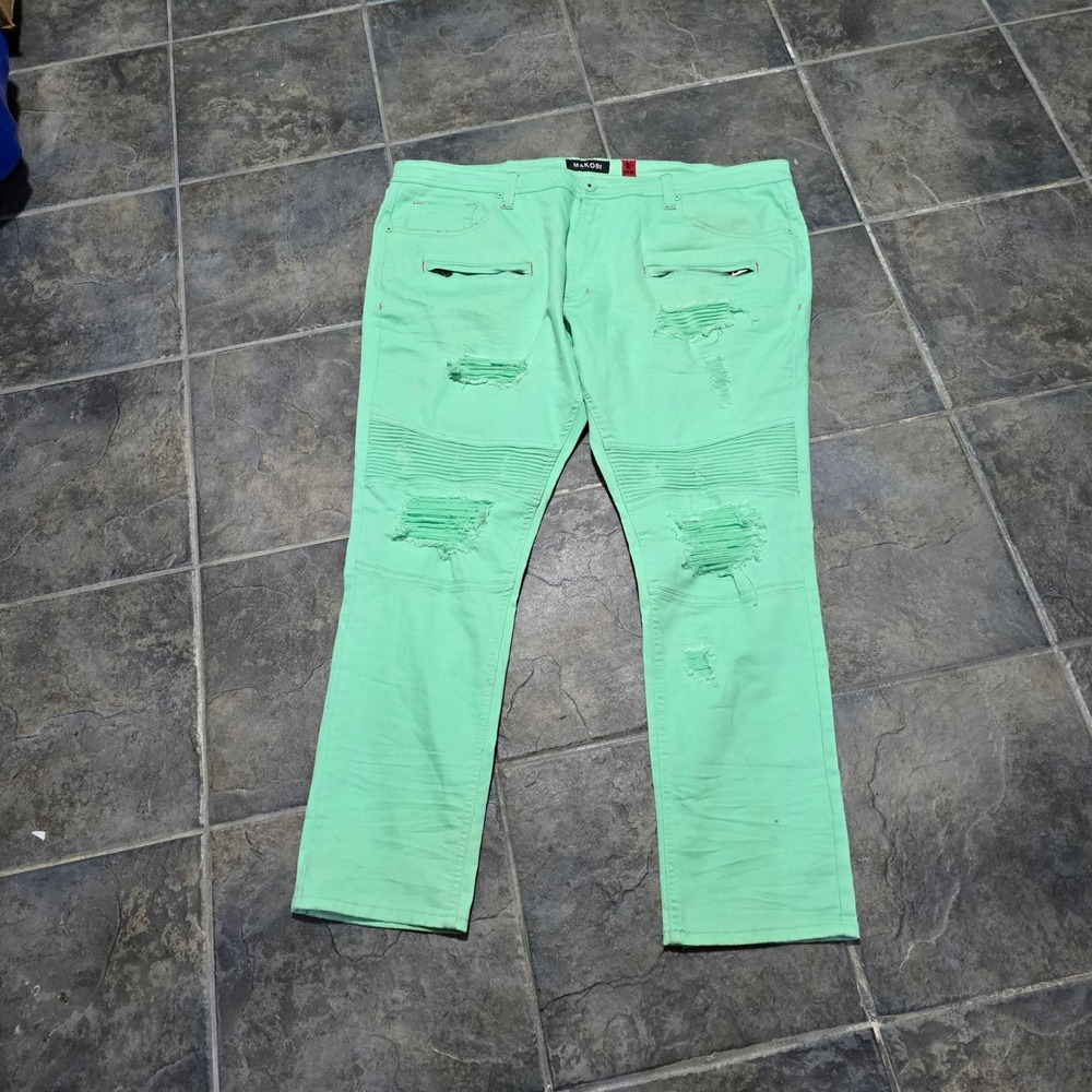 Makobi Moto Jeans Men 48x32 Mint Green Distressed Biker Streetwear M1960
